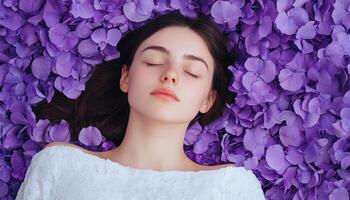 Whimsical sleeping girl surrounded by purple petals ethereal garden portrait dreamy atmosphere photo