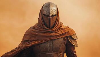 Desert warrior in armor and cloth battling sandstorm desert fantasy concept dramatic view photo