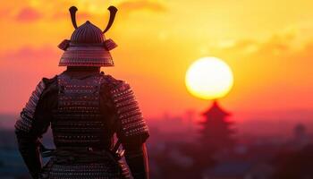Feudal japanese warrior on castle walls at sunset detailed landscape view cultural reflection photo