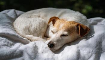 Relaxed dog sleeping on soft blanket in sunlight cozy home setting peaceful moment photo