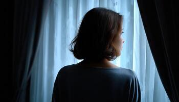 Emotional silhouette of woman behind sheer curtains in dark room intimate atmosphere photo