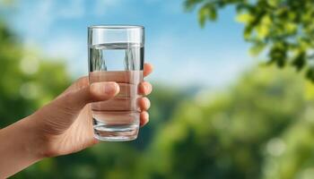 Elegant hand holding glass of water in nature refreshing drink outdoor serenity photo