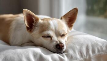 Chihuahua sleeping peacefully on sunlit pillow indoors fresh and airy atmosphere photo