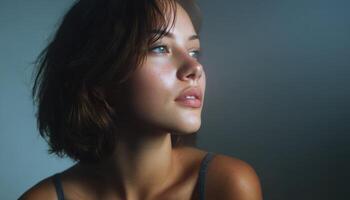 Captivating artistic portrait of a beautiful woman in soft fog indoor setting gentle atmosphere photo
