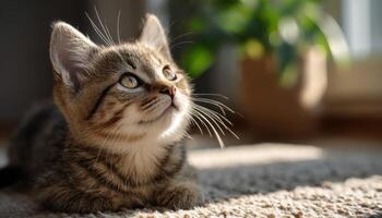 Playful kitten chasing sun rays inside a cozy home soft tone indoor environment photo