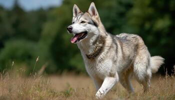Joyful husky playing in the sun natural park animal photography outdoor environment photo