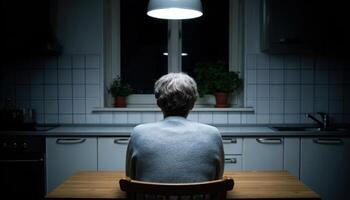 Lonely reflection intimate kitchen emotional scene dark environment rear view photo