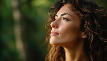 Side profile of beautiful woman in natural forest light outdoor portrait photography green environment photo