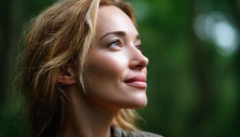 Beautiful woman in natural light forest setting portrait photography serene environment side profile photo