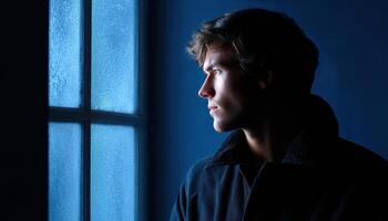 Contemplative figure in silhouette against cold windowpane indoor setting emotional scene photo