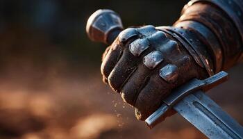 Medieval warrior gripping sword closeup forest photography dynamic action photo