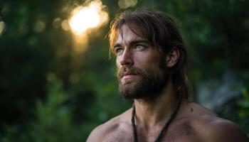 Prehistoric man posing in sunlit clearing nature portrait rugged skin forest environment photo