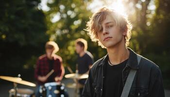 Teen rock band rehearsing outdoors dynamic action shot natural environment daylight photo