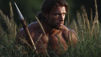 Prehistoric man hunting with spear in tall grass natural environment action perspective photo