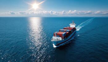 Container ship navigating tropical sea under bright sunlight aerial view tranquil environment photo