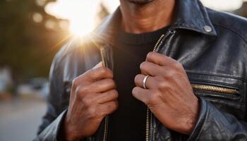 Closeup action of hands adjusting leather jacket zipper in urban environment at sunset photo