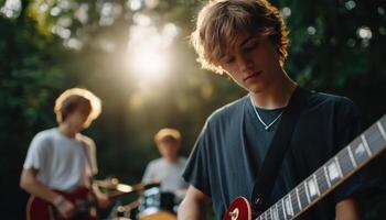 Teen rock band rehearsing outdoors in a dynamic action shot nature environment focused viewpoint photo
