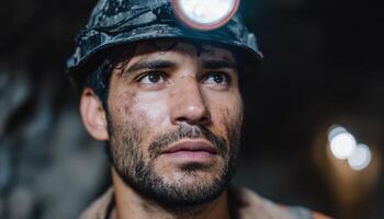 Indian miner working underground with helmet light in dusty environment photo