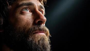 Calm jesus portrait illuminated by sunlight spiritual setting close-up view peaceful mood photo