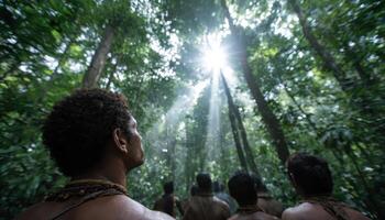 Tribal gathering in lush forest nature photography sunlight rays breaking through photo
