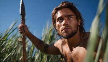 Prehistoric man throwing spear in tall grass outdoor scene nature environment dynamic action photo