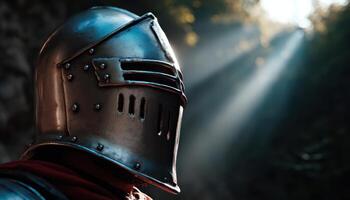 Medieval fighter's side profile in sunlight forest location artistic portrait dramatic atmosphere photo