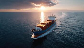 Freight ship navigating calm ocean waters at sunset maritime industry aerial view tranquil concept photo