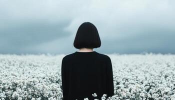 Solitary figure in flower field under gray skies soft color photography nature overcast view photo