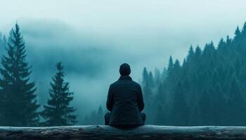 Lonely person sitting on a log in a misty forest nature scene calm environment thoughtful view photo