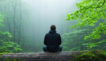 Lonely person sitting on log in misty forest nature scene serene environment soft mood photo