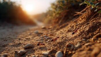 Ants navigating sunlit dry dirt nature scene textured surface close-up view photo