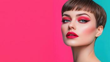 Bold makeup portrait of modern woman with short hair in vibrant studio lighting photo
