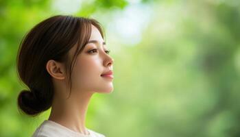 Elegant profile of a woman in natural forest light outdoor serenity photography photo
