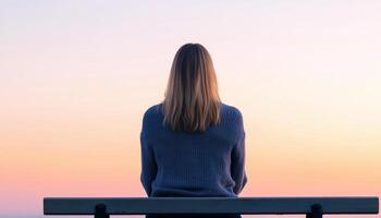 Young woman feeling empty at dusk bench setting emotional content serene environment reflective viewpoint photo
