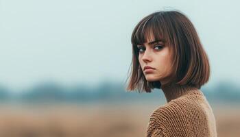 Melancholic woman portrait in nature blurred background minimalist style emotional depth photo