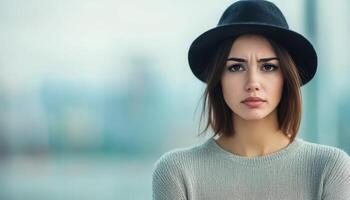 Melancholic woman portrait urban setting minimalist style blurred background emotional depth photo