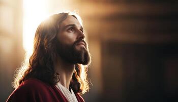 Jesus in radiant sunlight spiritual reflection sacred space divine encounter uplifting perspective photo