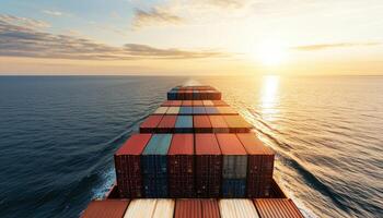 Freight ship navigating calm ocean waters at sunset aerial view tranquil maritime scene photo