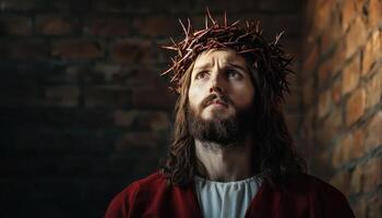 Jesus glowing in sunlight with crown of thorns minimalist art inside a stone room photo