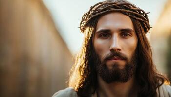 Jesus christ bathed in warm sunlight serene expression inspirational portrait outdoor setting photo