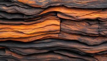 Closeup view of textured rough wooden logs stacked in the morning light photo