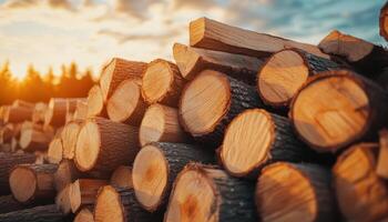 Vintage axe in firewood pile at sunset nature scene outdoor environment rustic feel photo