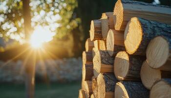 Sunlight filtering through trees illuminating stacked wood logs outdoor forest nature photography photo