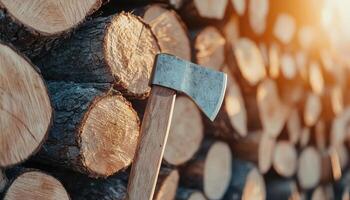 Vintage axe stuck in log amidst firewood pile late afternoon light rustic scene photo