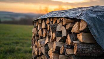 Morning scene of firewood pile covered with tarp in open field nature photography photo