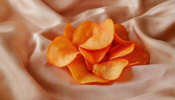 Golden potato chips piled on soft fabric indoor setting food photography warm atmosphere photo