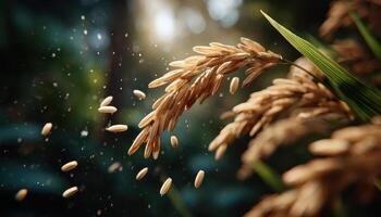 Floating rice grains illuminated by bright natural sunlight in lush green forest photo