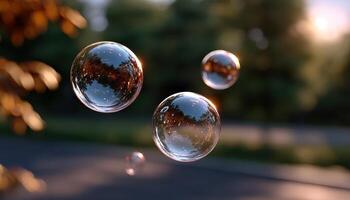 Floating soap bubbles in sunlight nature photography dreamy environment soft focus photo