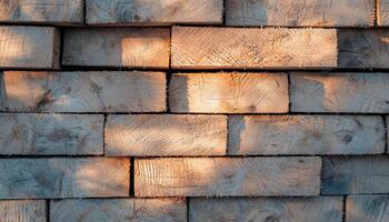 Stack of timber logs bathed in warm afternoon sunlight outdoor setting natural beauty photo