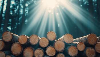 Sunlight illuminates stacked wood logs and sawdust in a forest environment photo